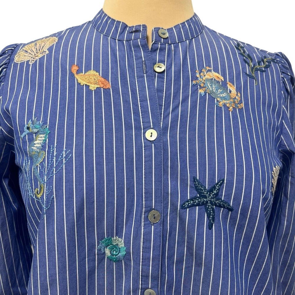 Johnny Was Workshop Striped Blue Embroidered Seashells Ocean Shirt XS Blouse - Picture 3 of 14